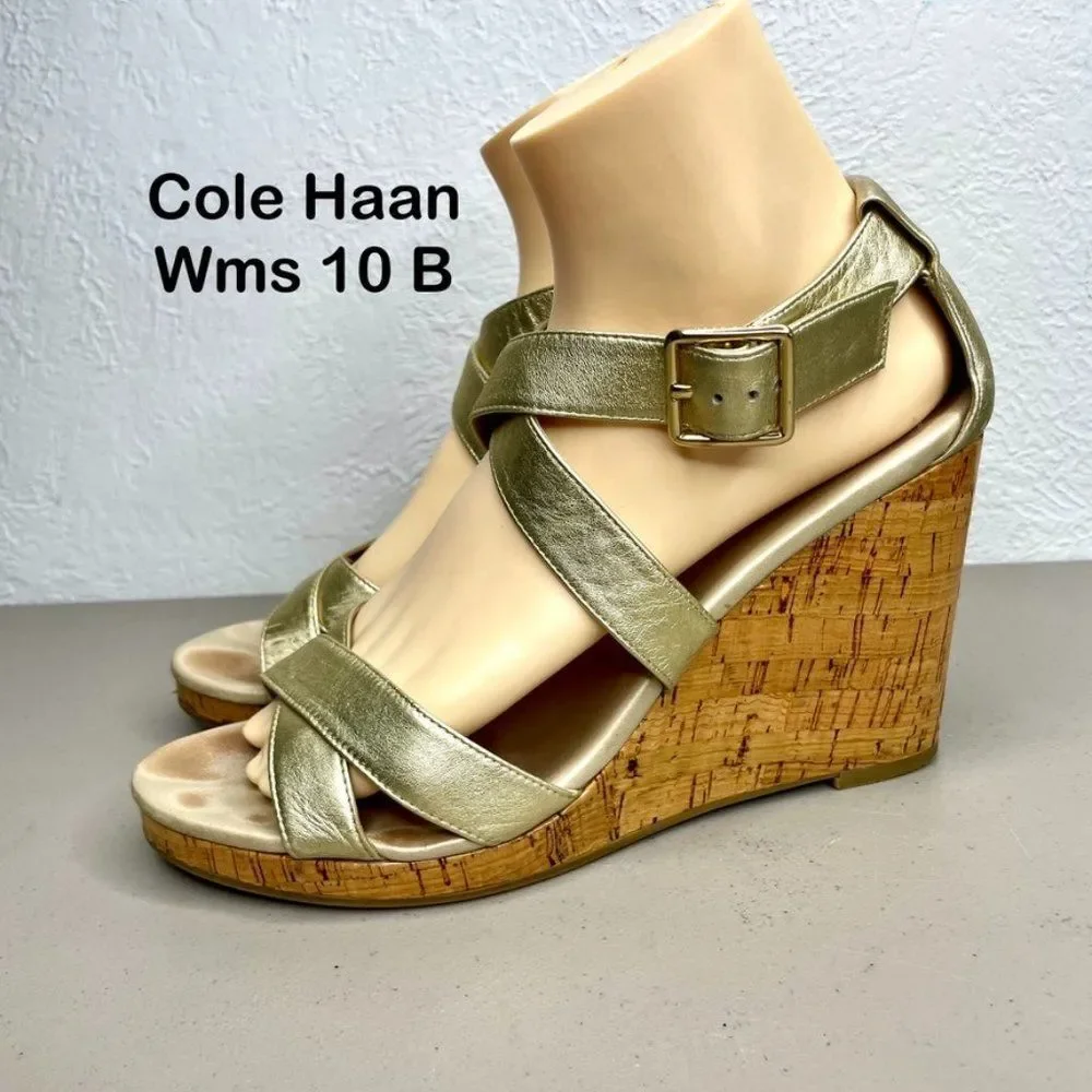 Cole Haan Womens Jullian Metallic Gold Open Toe Platform Wedge Sandal Size 10B‎